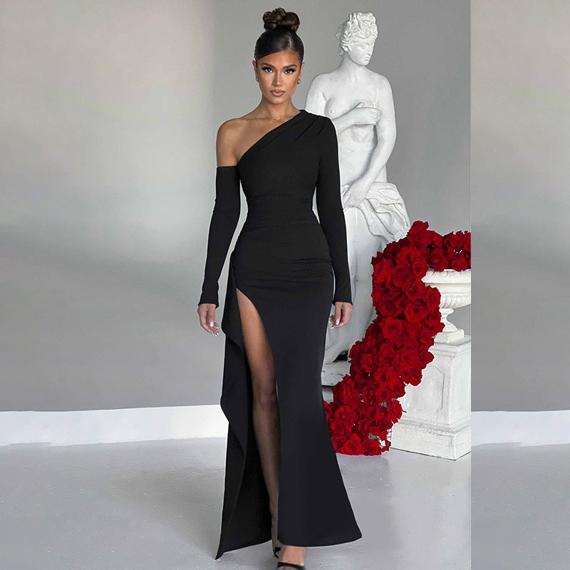 Women's Knitted One-shoulder Long Sleeve Split Dress