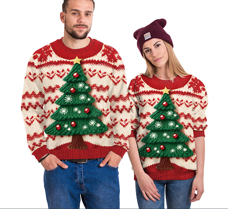 Women's Snowman Christmas Tree Pattern Digital Printed Round Neck Sweater