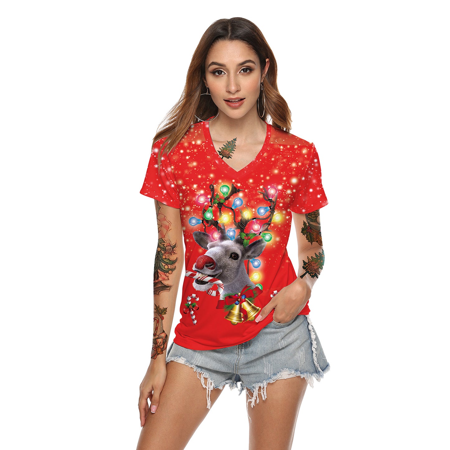 Women's Christmas Digital Printed V-neck T-shirt