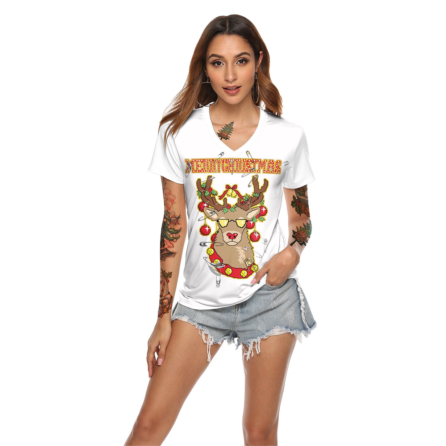 Women's Christmas Digital Printed V-neck T-shirt