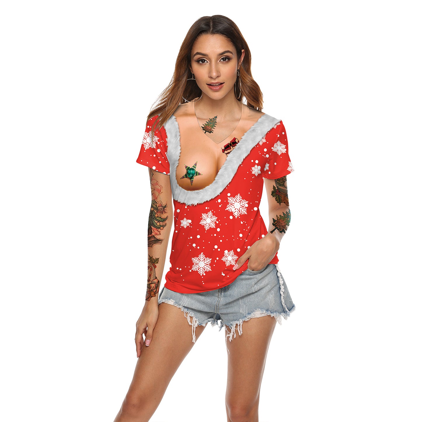 Women's Christmas Digital Printed V-neck T-shirt