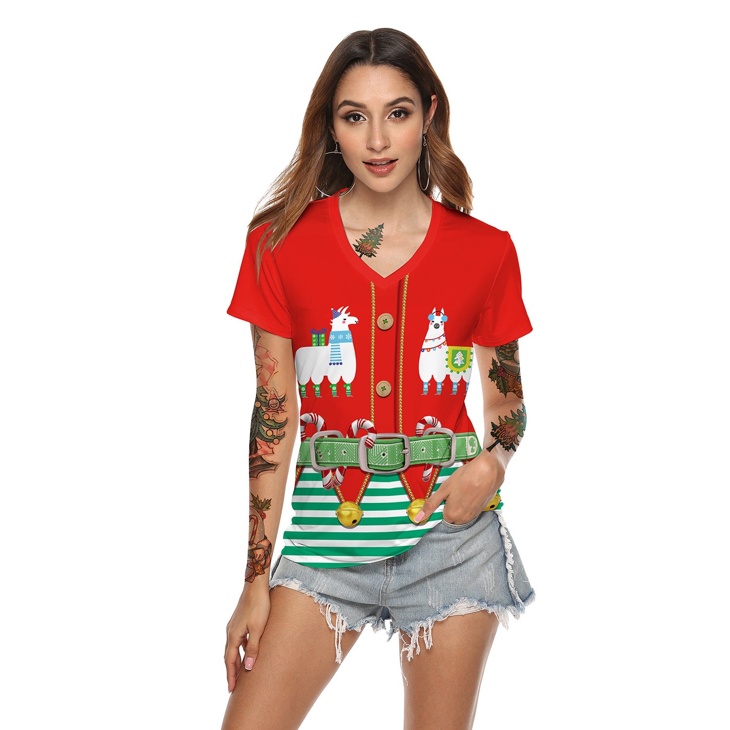 Women's Christmas Digital Printed V-neck T-shirt