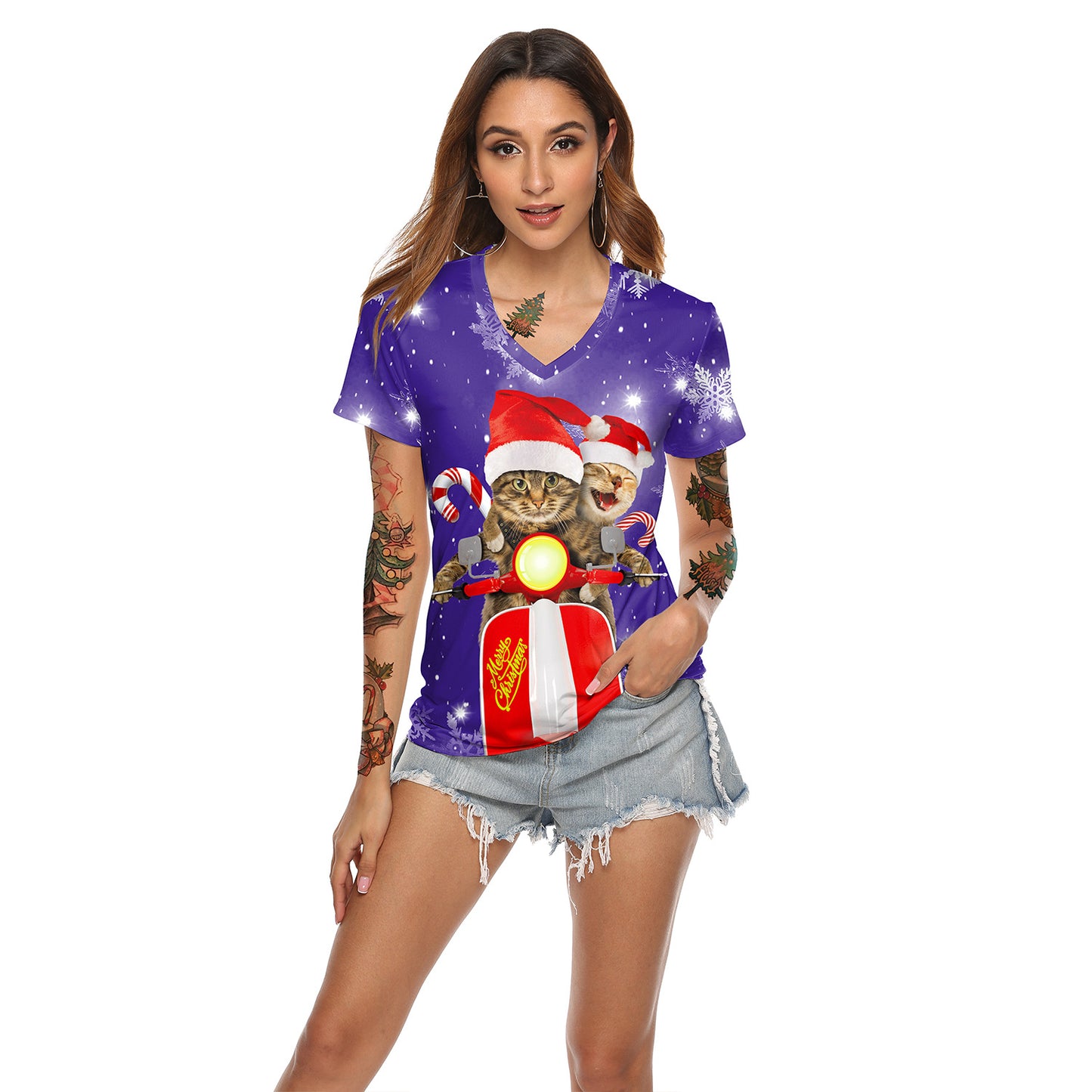 Women's Christmas Digital Printed V-neck T-shirt