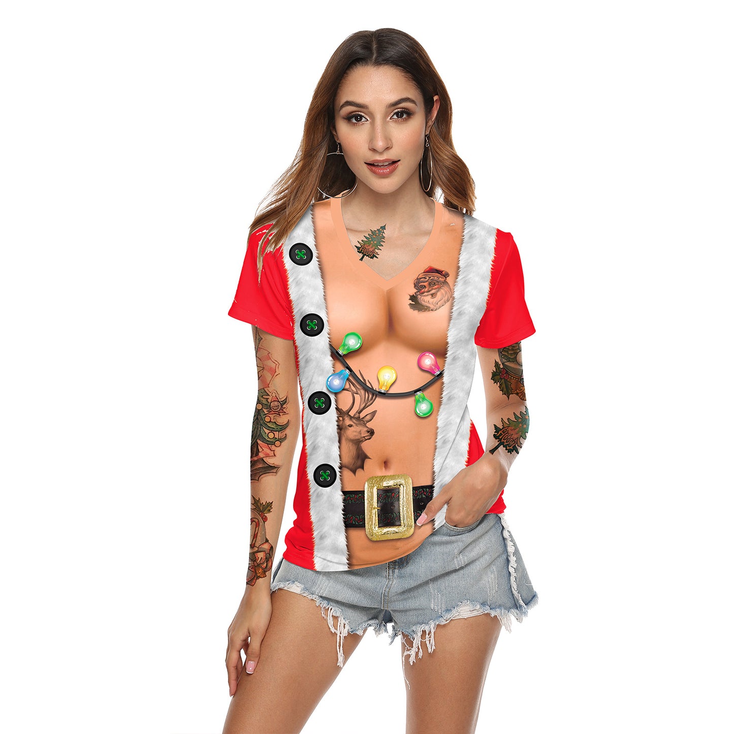 Women's Christmas Digital Printed V-neck T-shirt