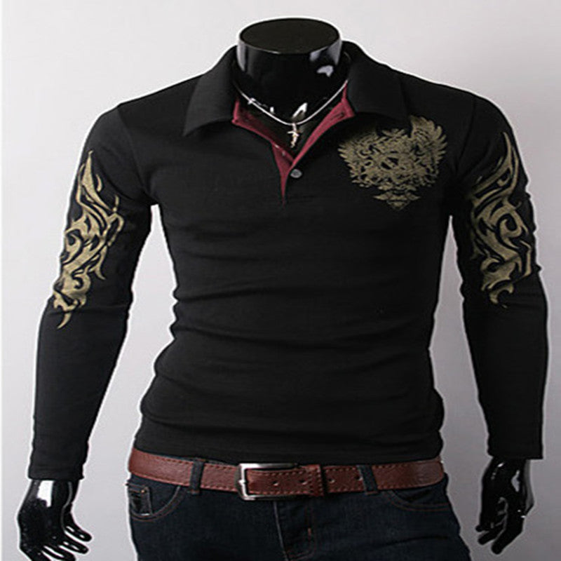 Men's Long-Sleeved Lapel Big Eagle Print Casual Men's Clothing