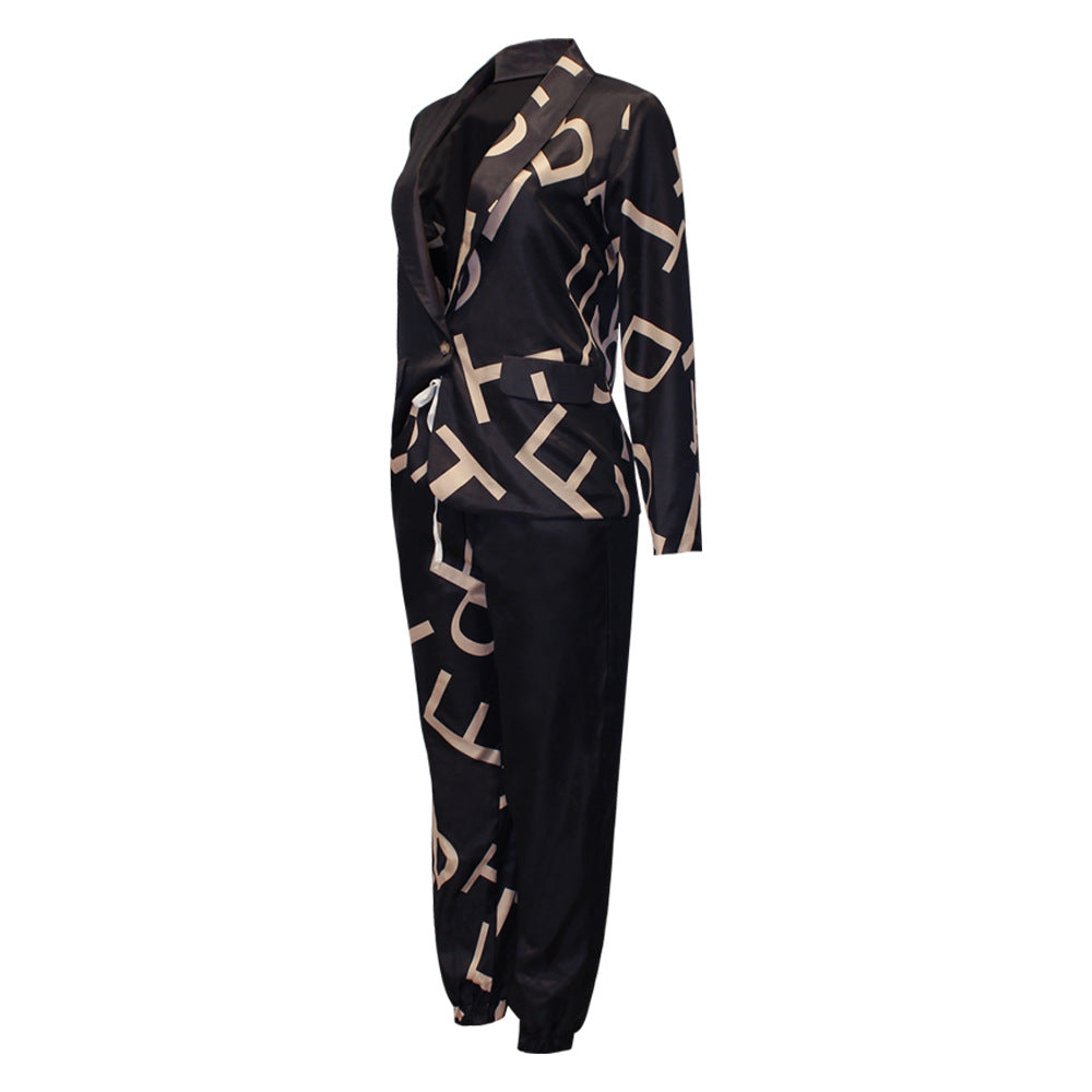 Women's Fashionable Printed Long-sleeved Lapel Suit Casual Suit