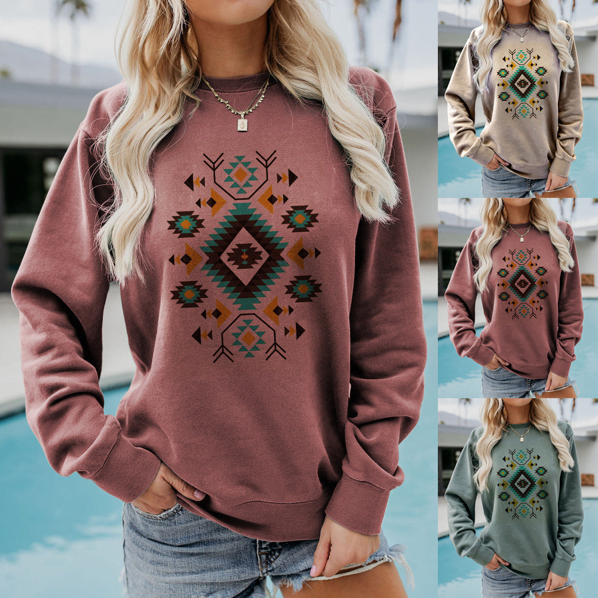 Women's Fashion Geometry Pattern Loose Print Long Sleeve Crew Neck Sweater