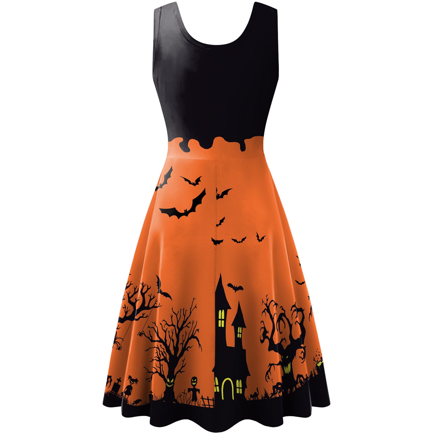 Women's Halloween Sleeveless Horror Bat Skeleton Digital Printed Dress