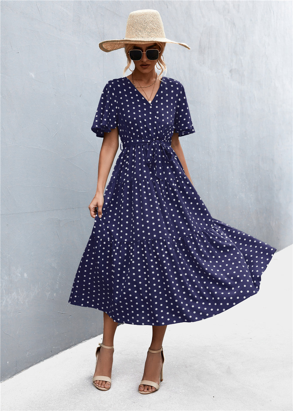 Women's V-neck Polka Dot Floral Tied Dress