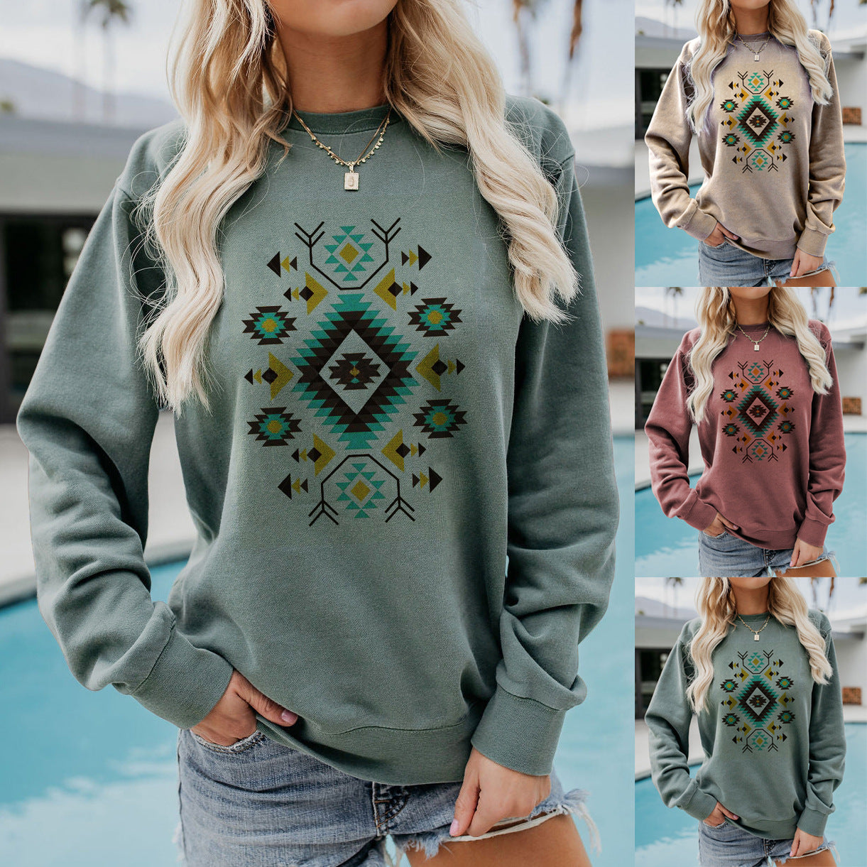 Women's Fashion Geometry Pattern Loose Print Long Sleeve Crew Neck Sweater