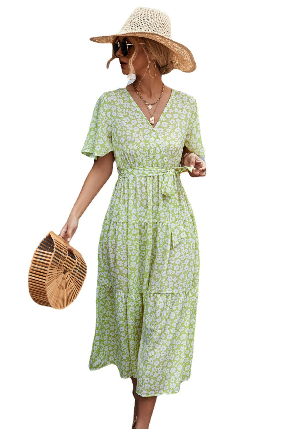 Women's V-neck Polka Dot Floral Tied Dress