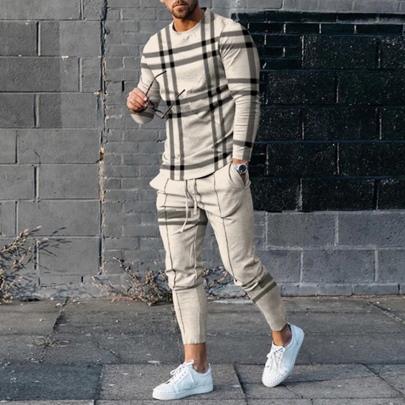 Men's Round Neck Striped Sweatshirt Suit