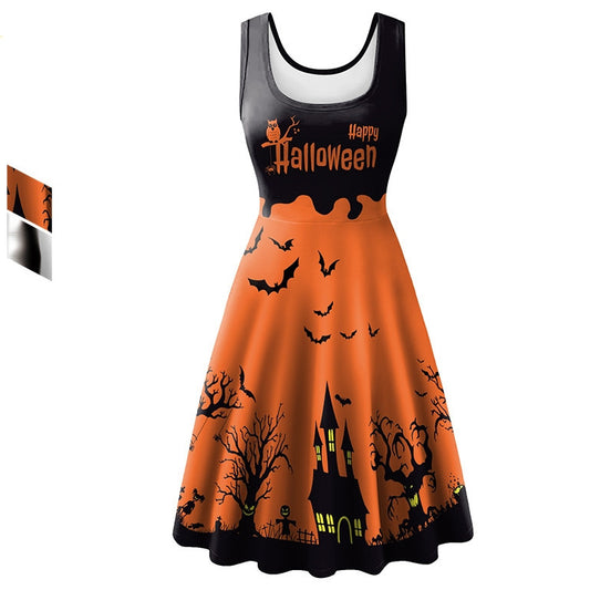 Women's Halloween Sleeveless Horror Bat Skeleton Digital Printed Dress