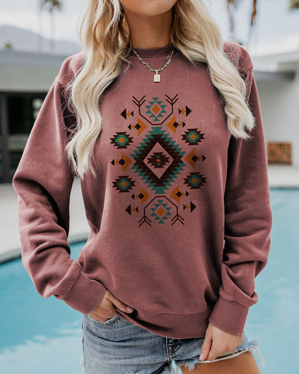 Women's Fashion Geometry Pattern Loose Print Long Sleeve Crew Neck Sweater