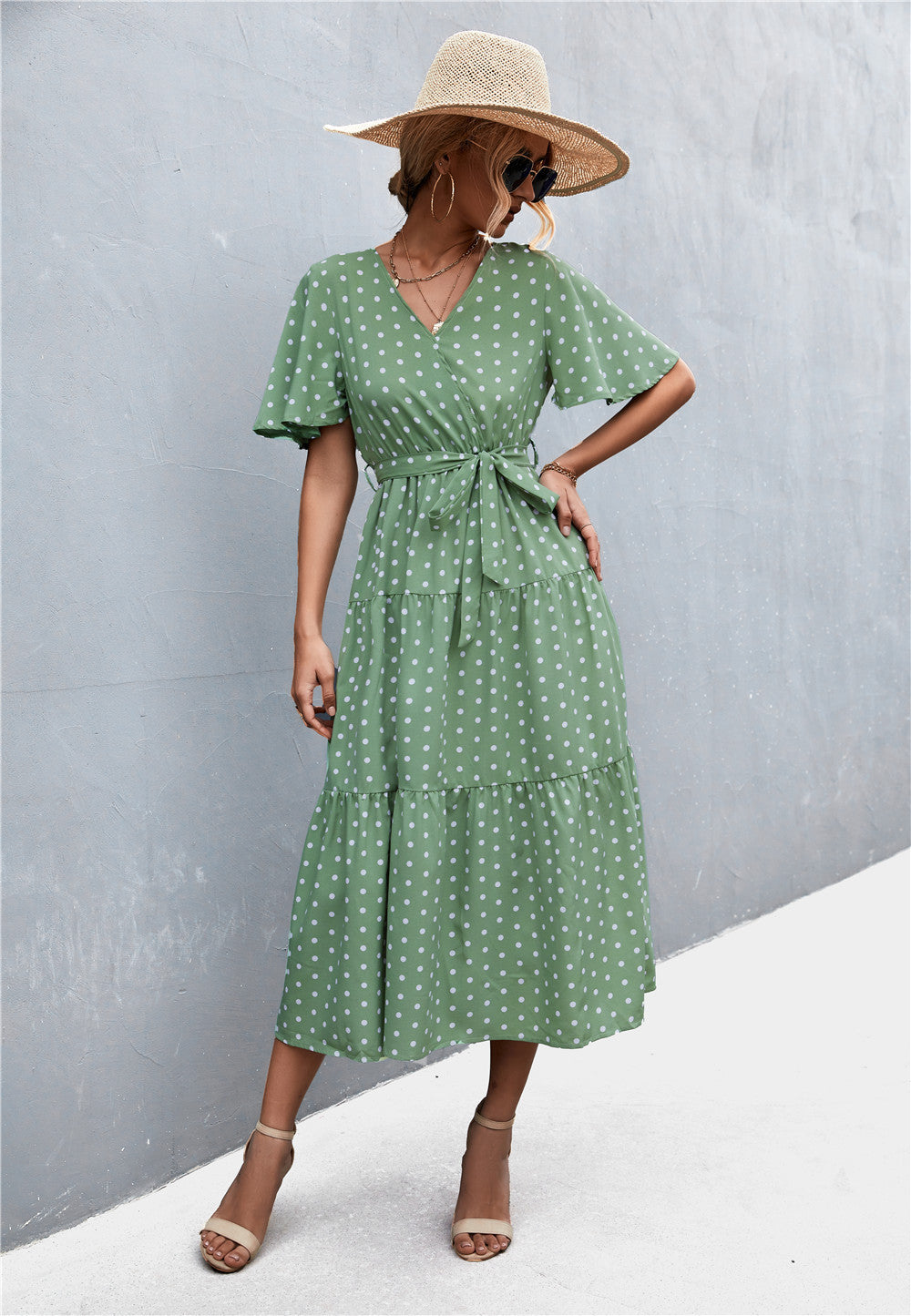 Women's V-neck Polka Dot Floral Tied Dress