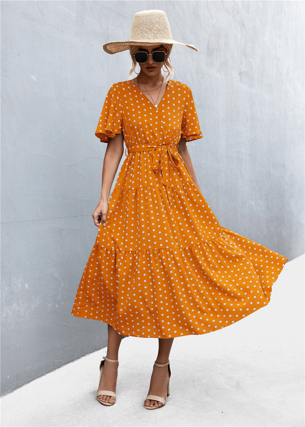 Women's V-neck Polka Dot Floral Tied Dress