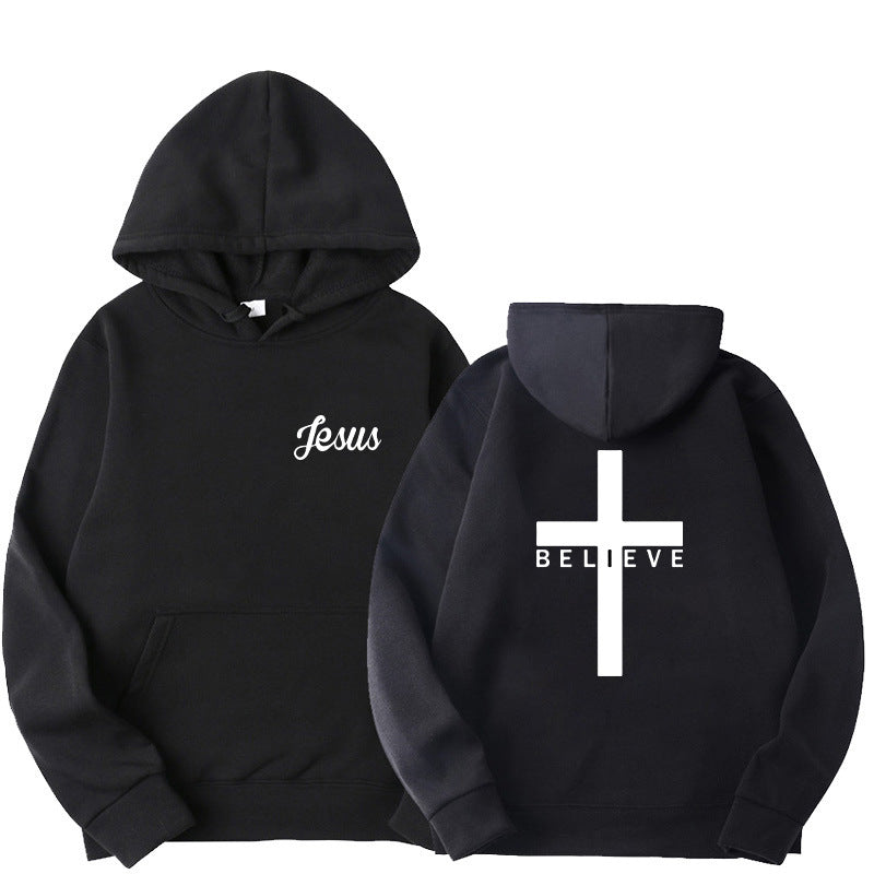 Believe Cross Printed Hoodie Men's Pattern Drawstring