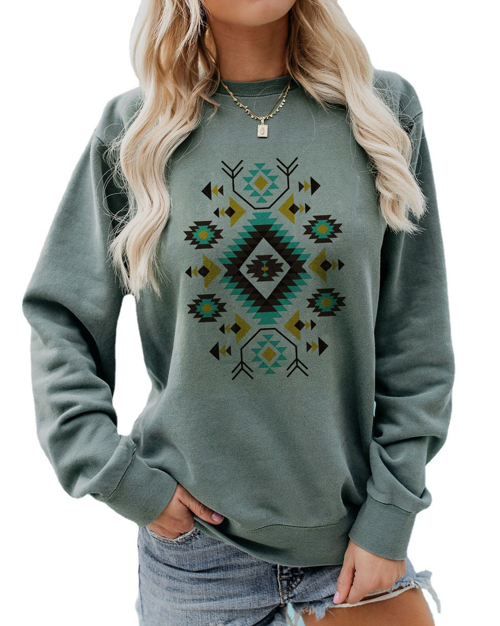 Women's Fashion Geometry Pattern Loose Print Long Sleeve Crew Neck Sweater