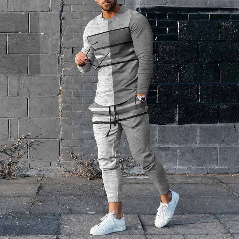 Men's Round Neck Striped Sweatshirt Suit