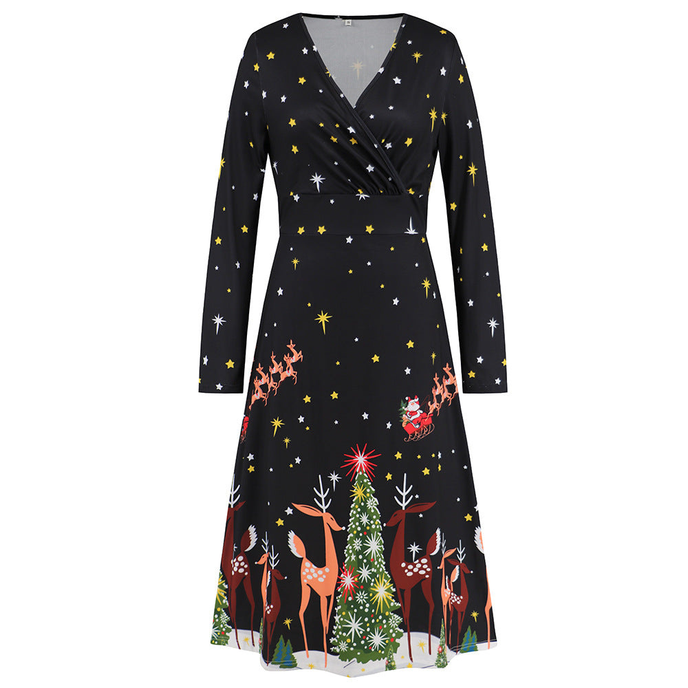 Women's V-neck Long Sleeve Christmas Printed Dress