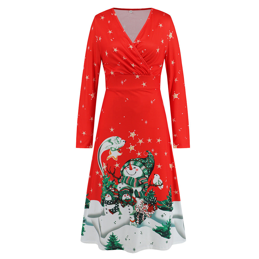 Women's V-neck Long Sleeve Christmas Printed Dress