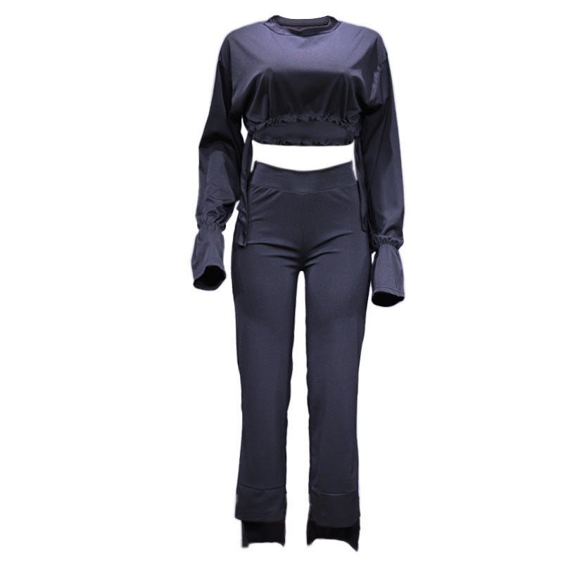 Short Top Casual High Waist Straight Pants Suit