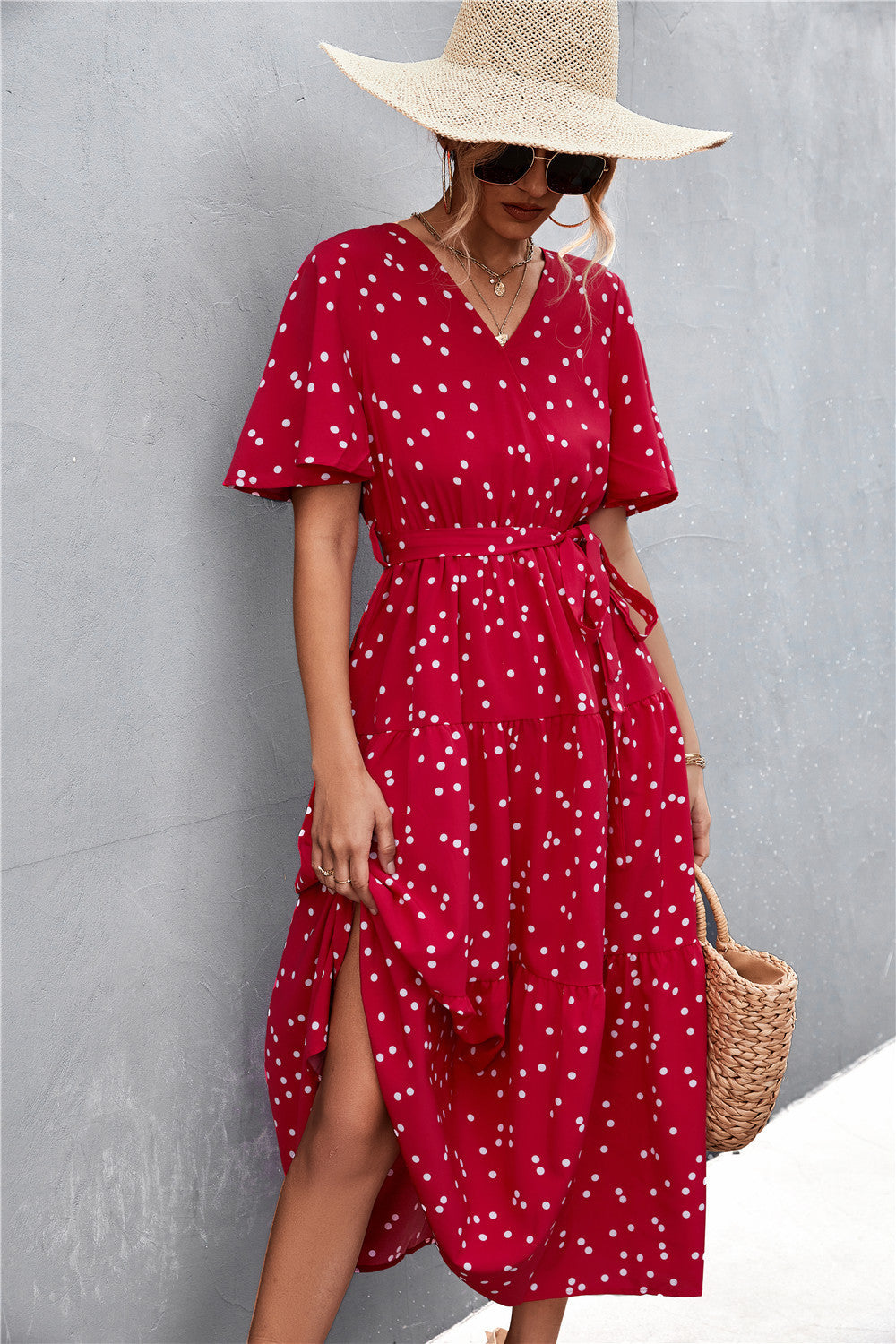 Women's V-neck Polka Dot Floral Tied Dress