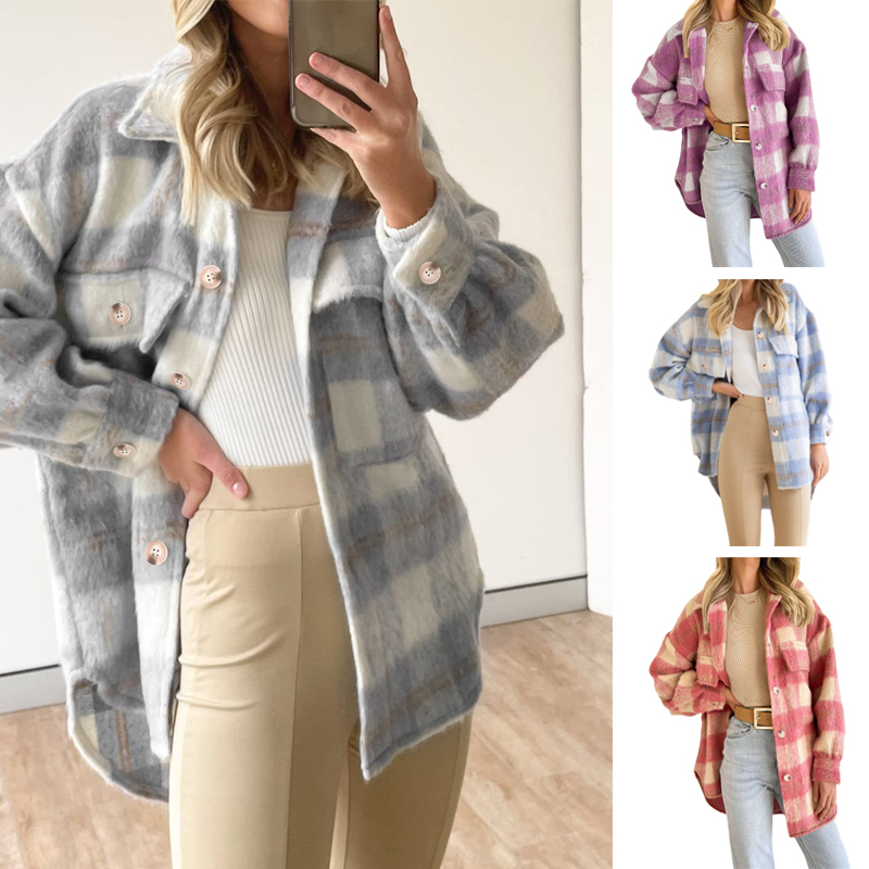 Women's Fashion Plaid Coarse Wool Coat