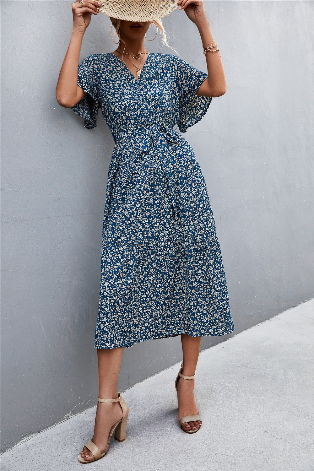 Women's V-neck Polka Dot Floral Tied Dress