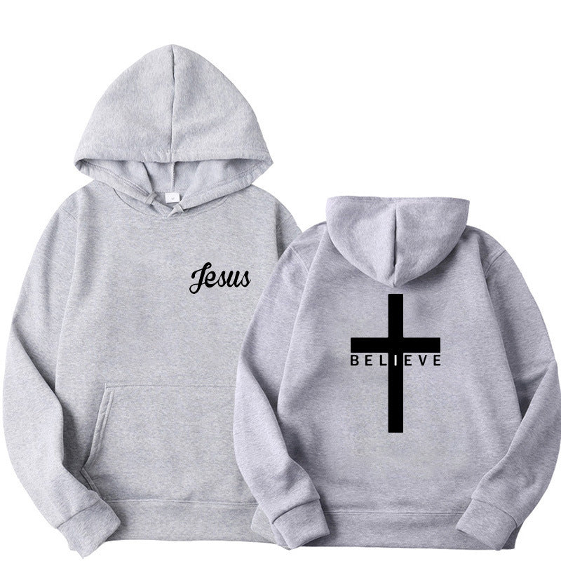 Believe Cross Printed Hoodie Men's Pattern Drawstring