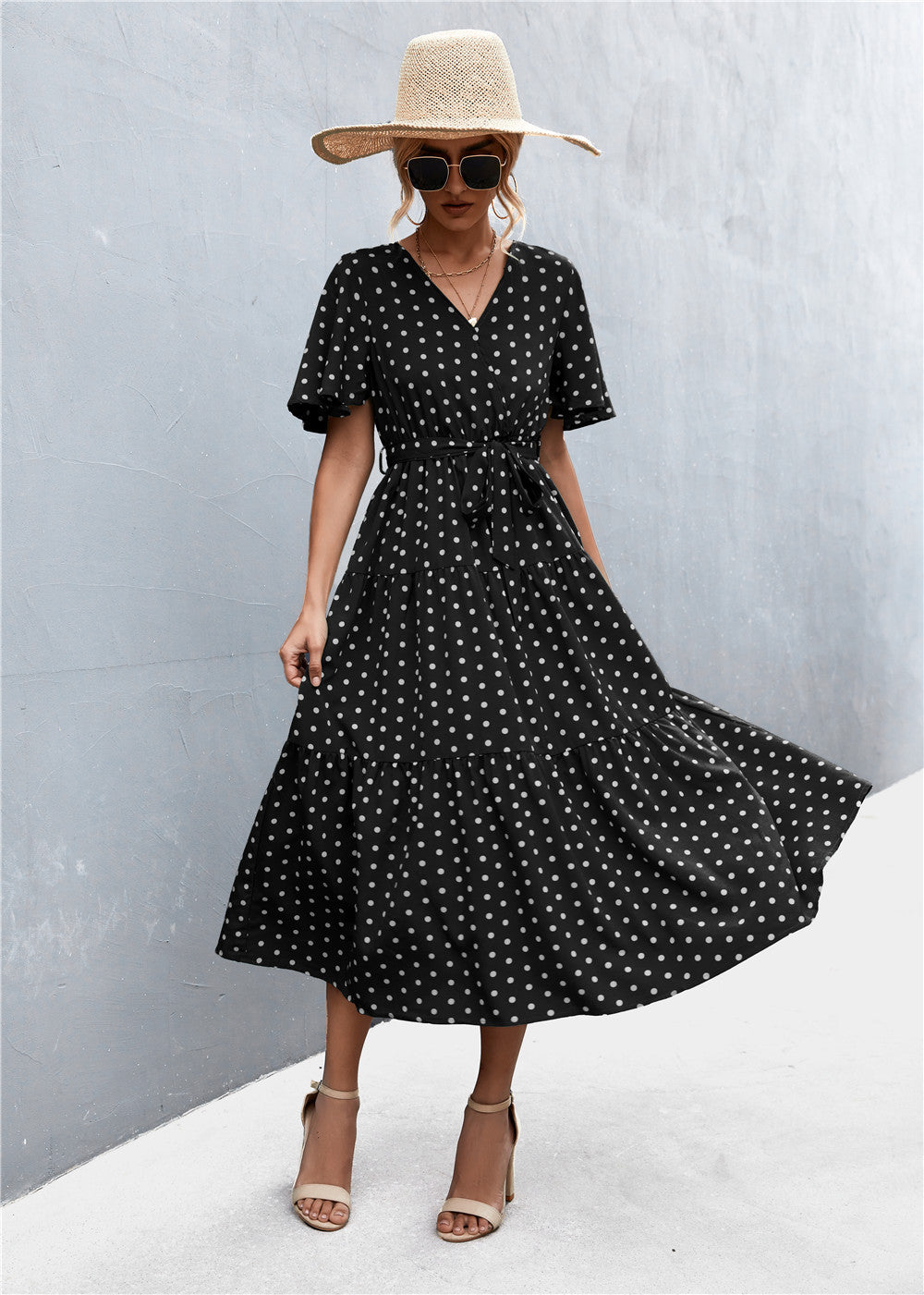 Women's V-neck Polka Dot Floral Tied Dress